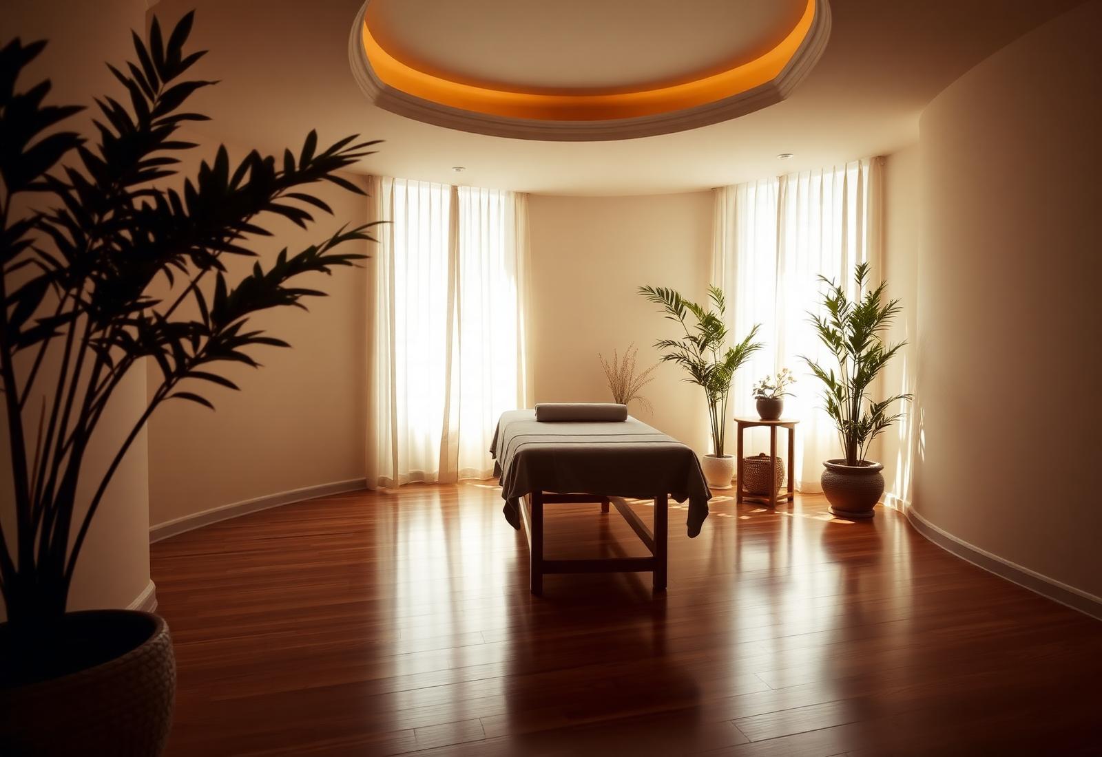 Warmly lit spa interior with wood floors, sheer curtains and a single massage table