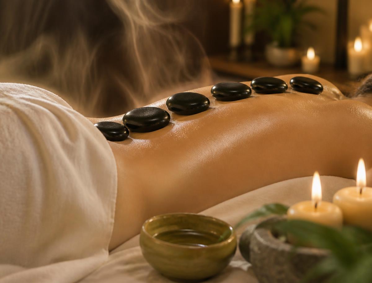 Warm basalt hot stones placed along a client's back during a hot stone massage
